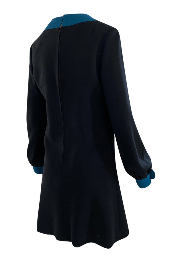 c.1967 Pierre Cardin ‘Cosmocorps’ Collection Cut Out Blue Neckline on Black Wool Dress