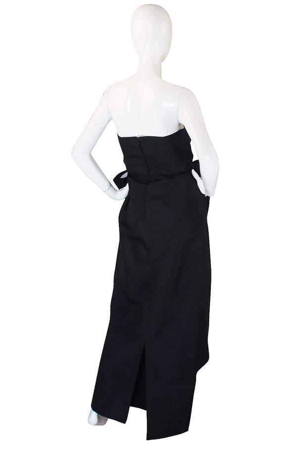 1980s Dramatic Black Strapless Bow Gown