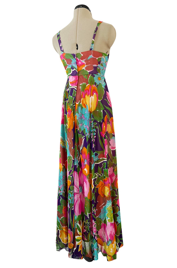 1960s Fred Perlberg Prettiest Bright Tulip Print Chiffon Gathered Front Halter Dress