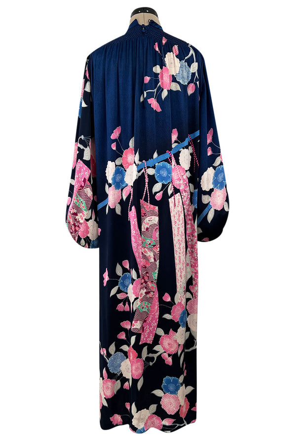 Incredible 1970s Hanae Mori Finest Possible Blue Silk Caftan Dress w Pink Floral Print
