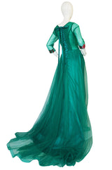 Vintage Trained Emerald Green Lace Tulle Gown w Floral Applique