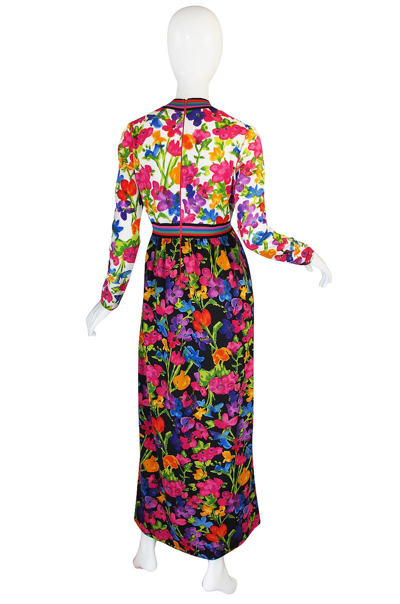 1960s Multi Color Goldworm Plunge Maxi Dress