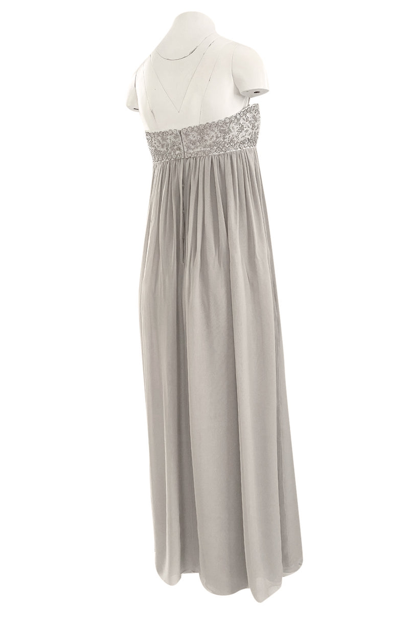 Spring 2006 Reem Acra Pale Grey Silk Chiffon Silver Rhinestone Beaded High Bodice Dress