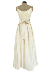 Incredible 1970s Mollie Parnis Ivory Silk Moire Halter Dress w Matching Feather Trim Jacket