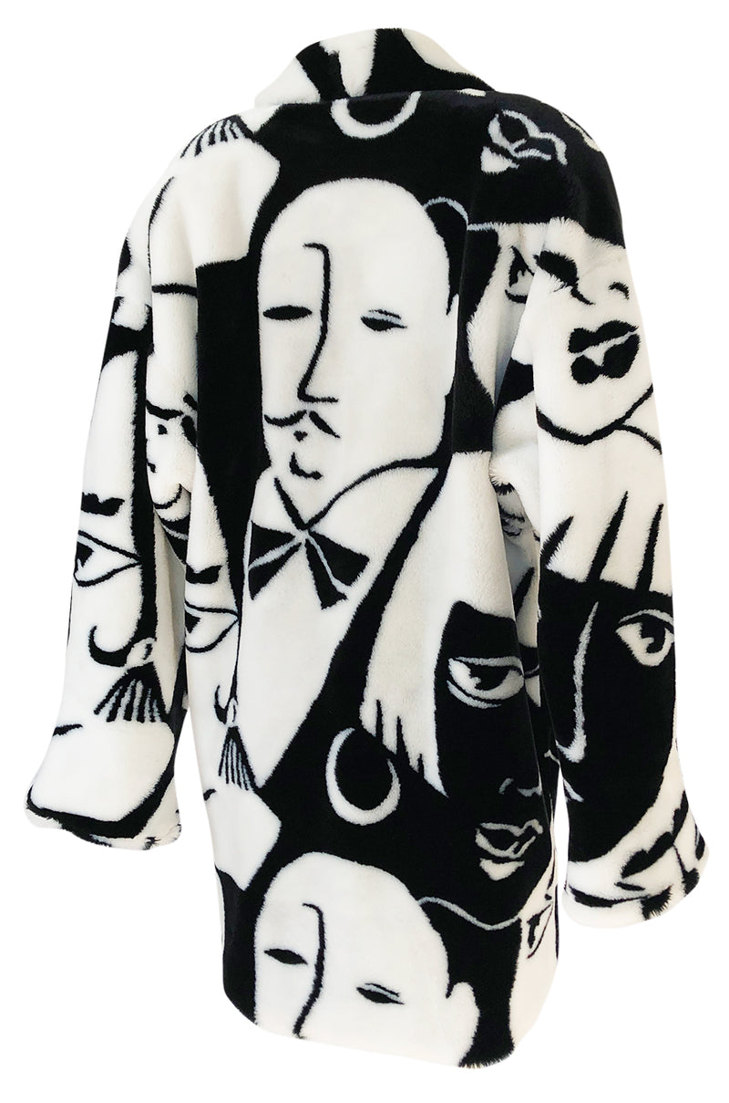 1980s Donnybrook Graphic Black & White Face Print Faux Fur Coat