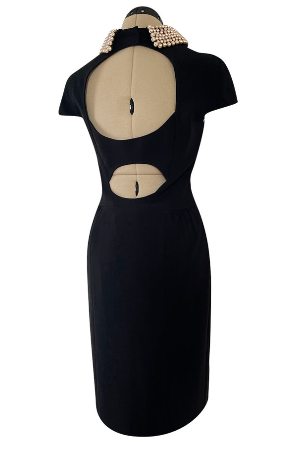 Early 2000s Moschino Cheap & Chic Black Stretch Crepe Dress w Removable Pearl Collar