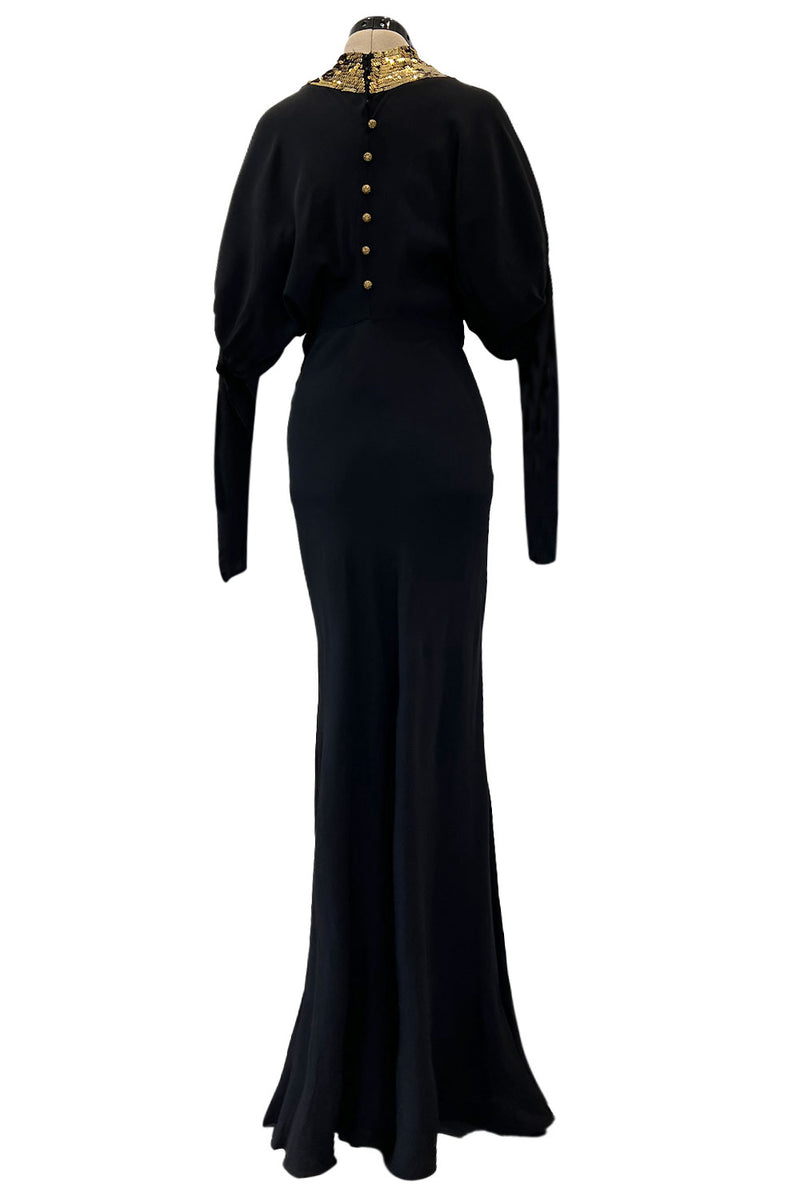 Fabulous 1930s Bias Cut Black Crepe w Gold Sequin Collar and Gold Metal Button Detail