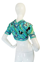 1960s Turquoise Print Cotton Emilio Pucci Cropped Top