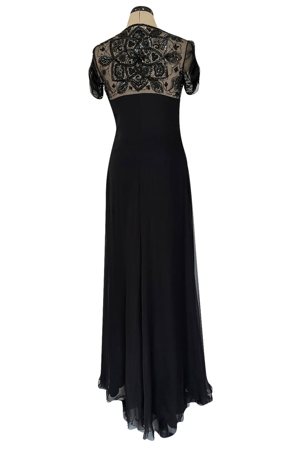 Stunning 1990s Valentino Black Silk Chiffon Dress w Sheer Beaded Net Bodice