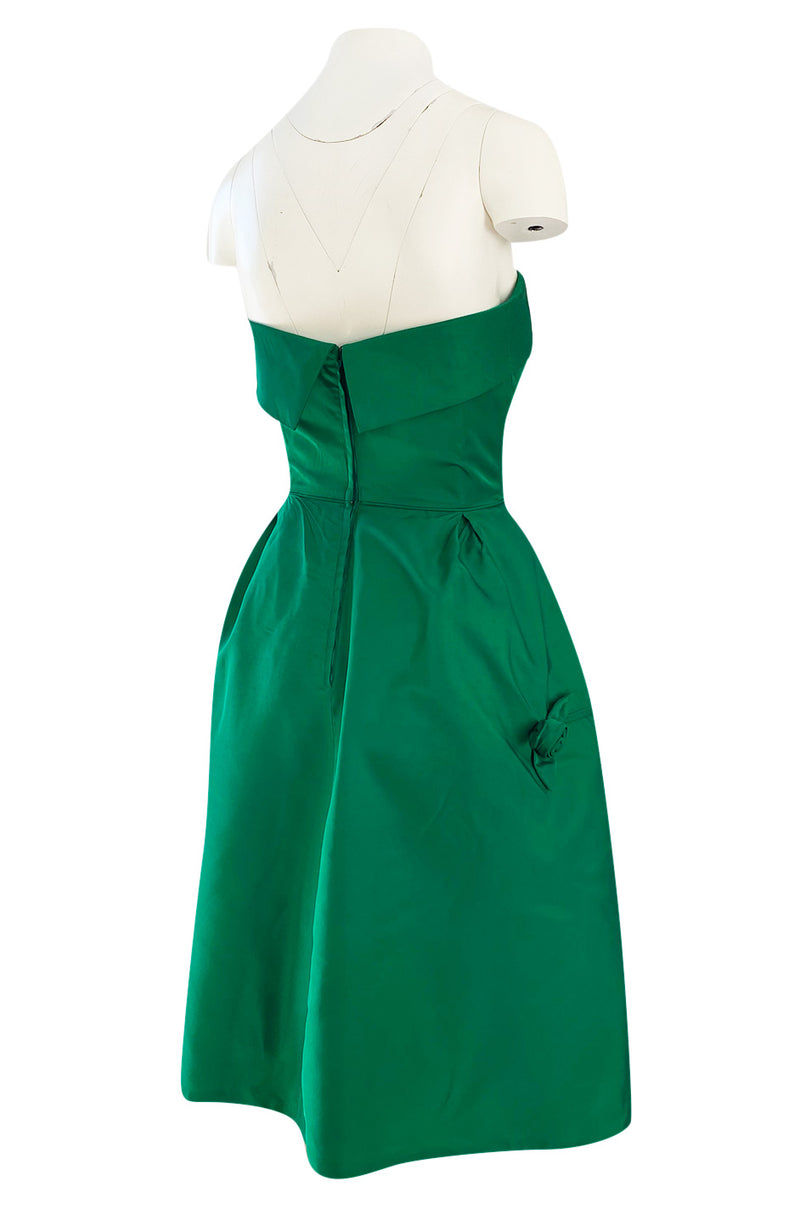 1950s Suzy Perette Emerald Green Strapless Full Skirted Dress w 3D Flower Detailing