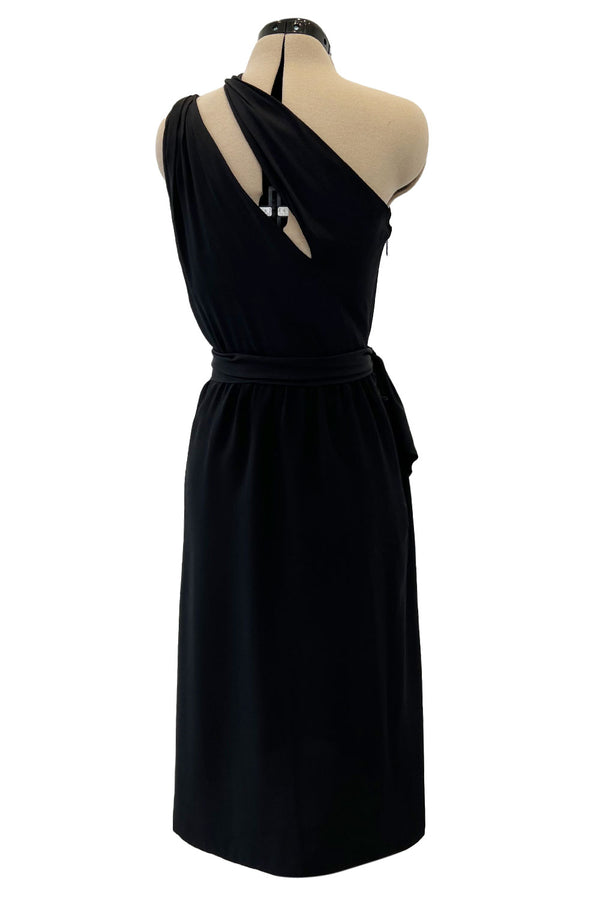 Chic 1970s Bill Blass One Shoulder Cut Out Little Black Light Weight Silk Dress w Silk Sash Tie