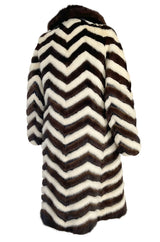 Wonderful 1960s Mink Coat w a Deep Brown Chocolate & Ivory Fur & Leather Chevron Pattern