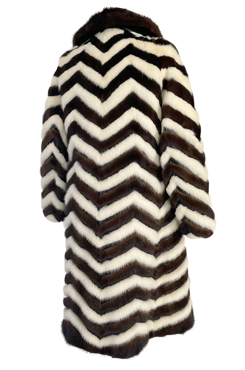 Wonderful 1960s Mink Coat w a Deep Brown Chocolate & Ivory Fur & Leather Chevron Pattern