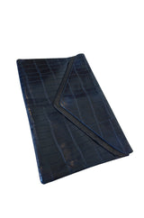 1980s Deep Blue Crocodile or Alligater Stamped Leather Clutch Bag