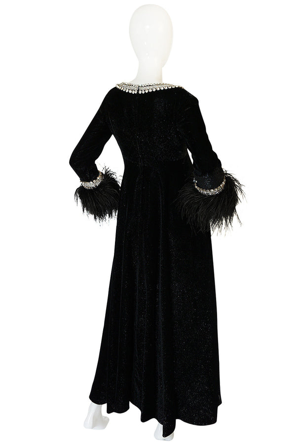 1960s Lame Velvet, Feather & Heavy Rhinestone Dress