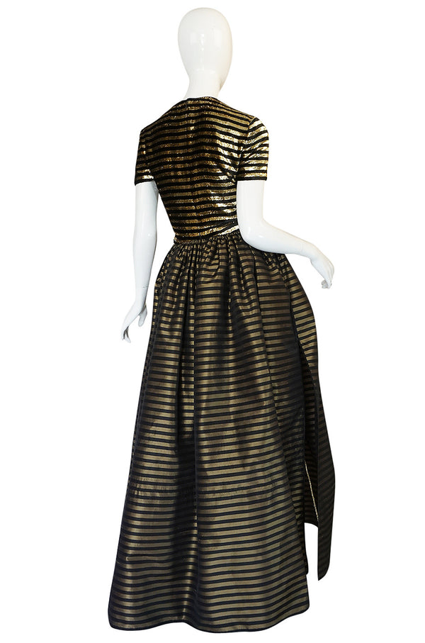 1980s James Galanos Couture Gold & Black Striped Silk Dress