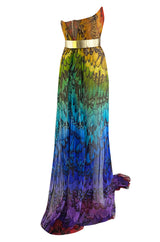 Spring 2008 Alexander McQueen Iconic Strapless Silk Chiffon Butterfly Rainbow Dress w Belt