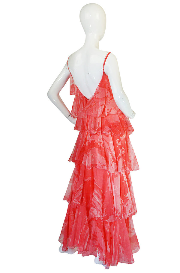 1960s Tiered & Ruffled Silk Chiffon Coral Maxi Dress