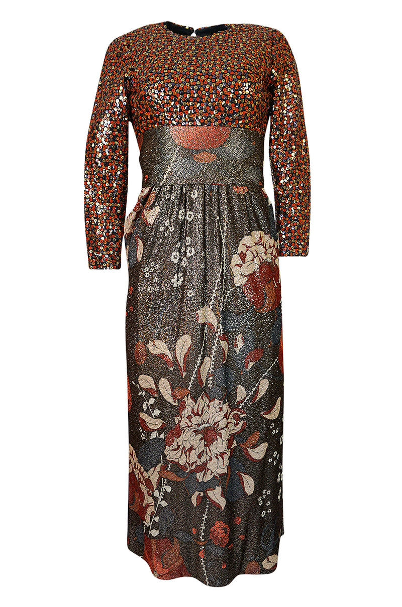 1975 Bill Blass Floral Print Metallic Lurex & Sequin Dress Set