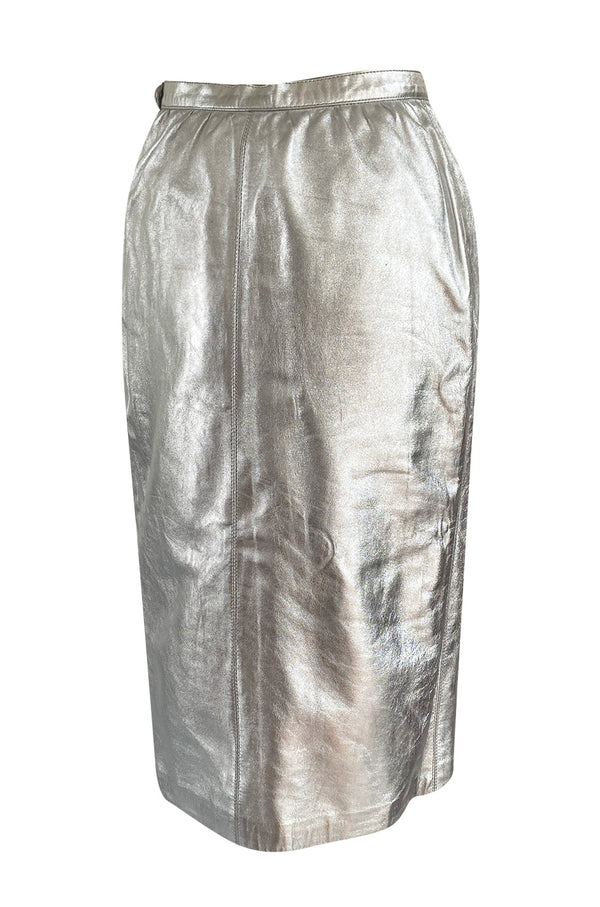 Spring 1982 Yves Saint Laurent Metallic Silver Leather Pencil Cut Skirt