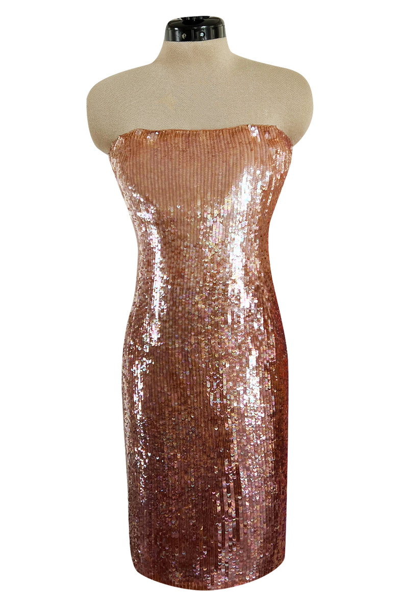 Fabulous 1980s John Anthony Couture Pink & Bronze Fully Sequinned Strapless Dress & Matching Jacket