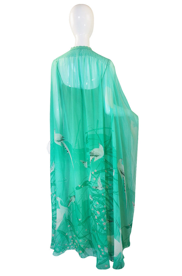 1970s Hanae Mori Silk Chiffon Bird Caftan