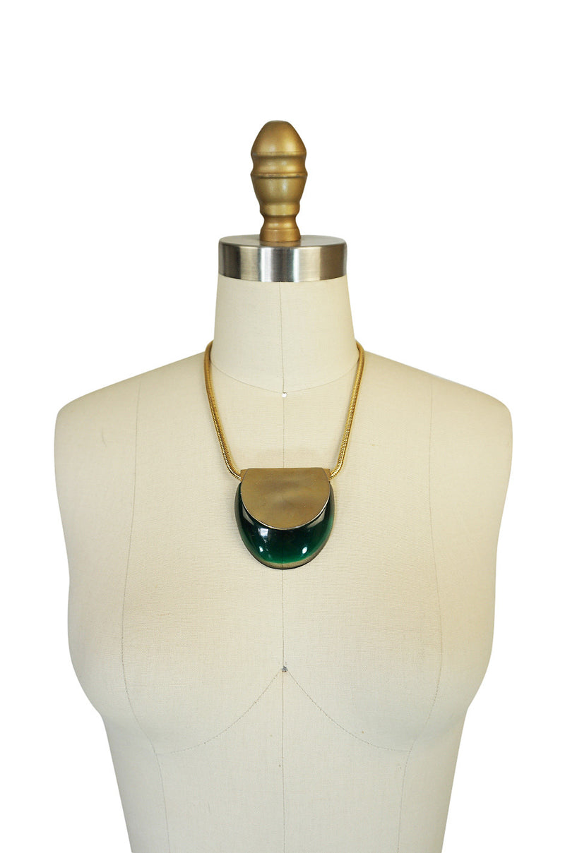 1970s Graduated Green Lanvin Resin and Gold Necklace