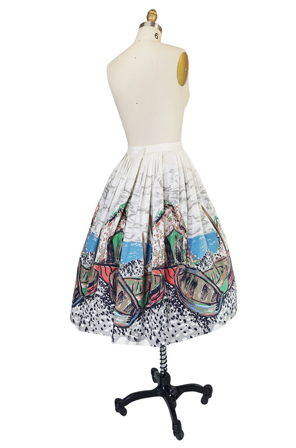 1950s Hand Painted Fishing Village Scene Cotton Skirt