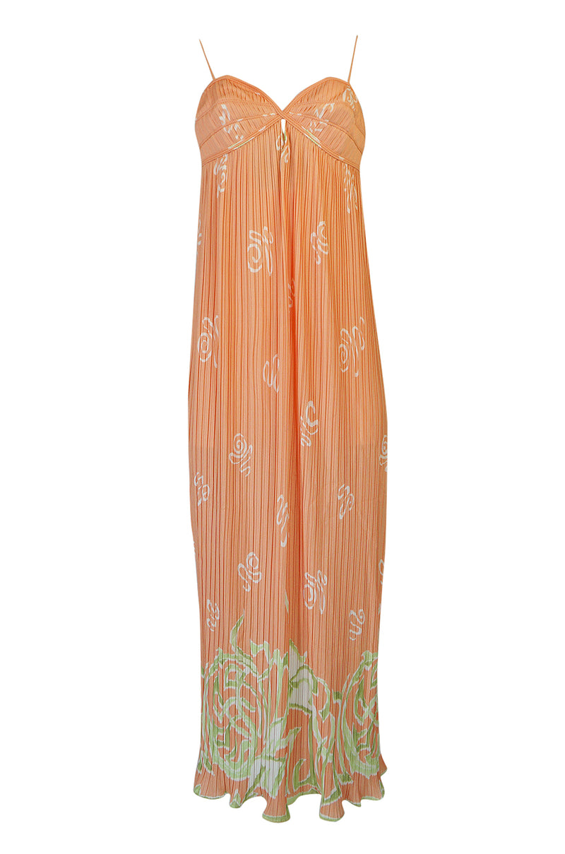 1970s Bill Tice Peach Print Halter Dress & Jacket Pleat Set
