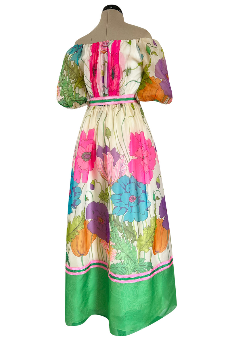 Prettiest 1970s Victoria Royal Off Shoulder Silk Gazaar Floral Print Dress w Ribbon Belt