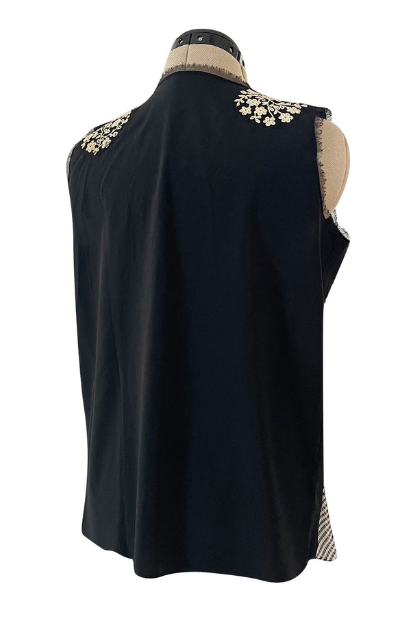 Wonderful Little Upcycled Black & White Striped Silk Chiffon Top W Hand Applied Twenties Details