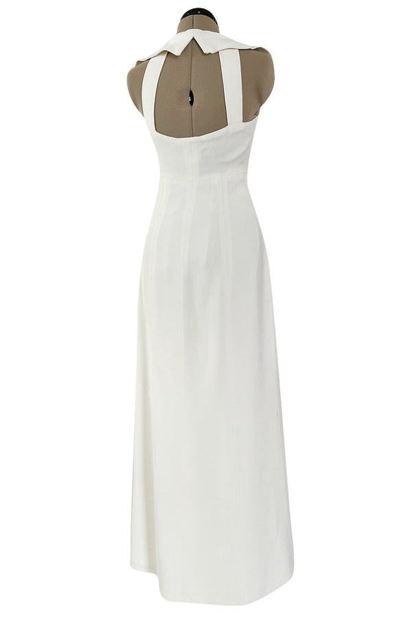 Chic Cruise 1997 Chanel by Karl Lagerfeld White Dress w Large Collar & Logo Buttons