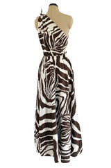 Bold c 1975 Halston One Shoulder Brown & White Zebra Print Full Skirted Cotton Dress