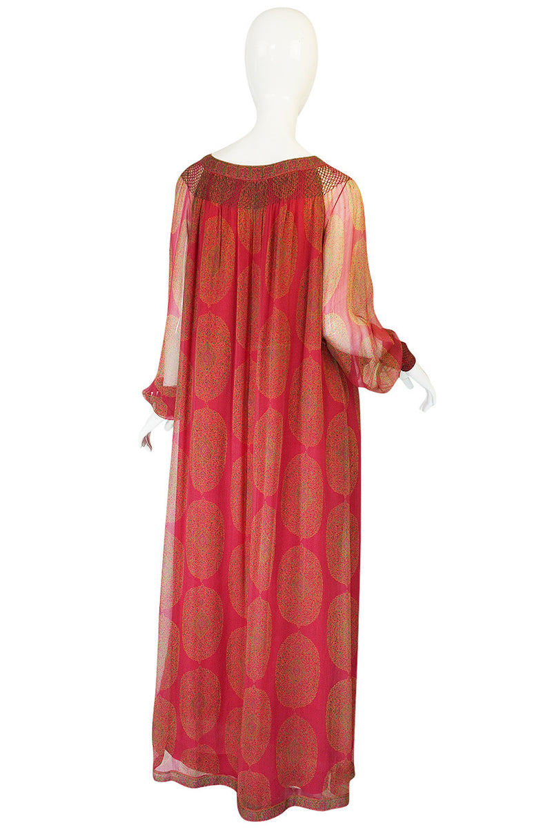 1970s Jeweled Hued Printed Silk Treacy Lowe Caftan Dress