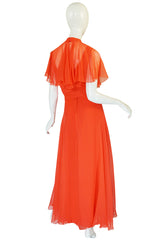 Rare 1970s Coral Silk Chiffon Stavropoulos Dress & Capelet