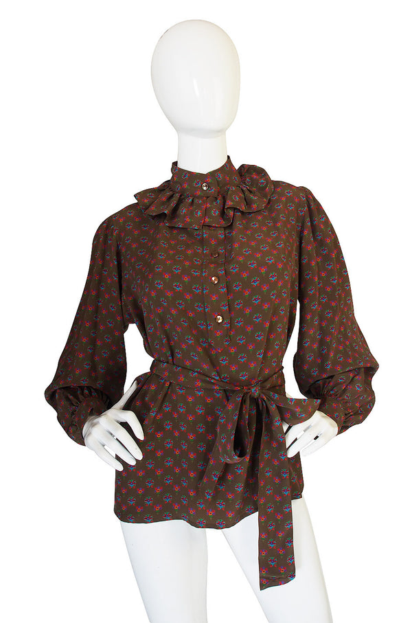 1970s Yves Saint Lauent Silk Ruffle Print Top