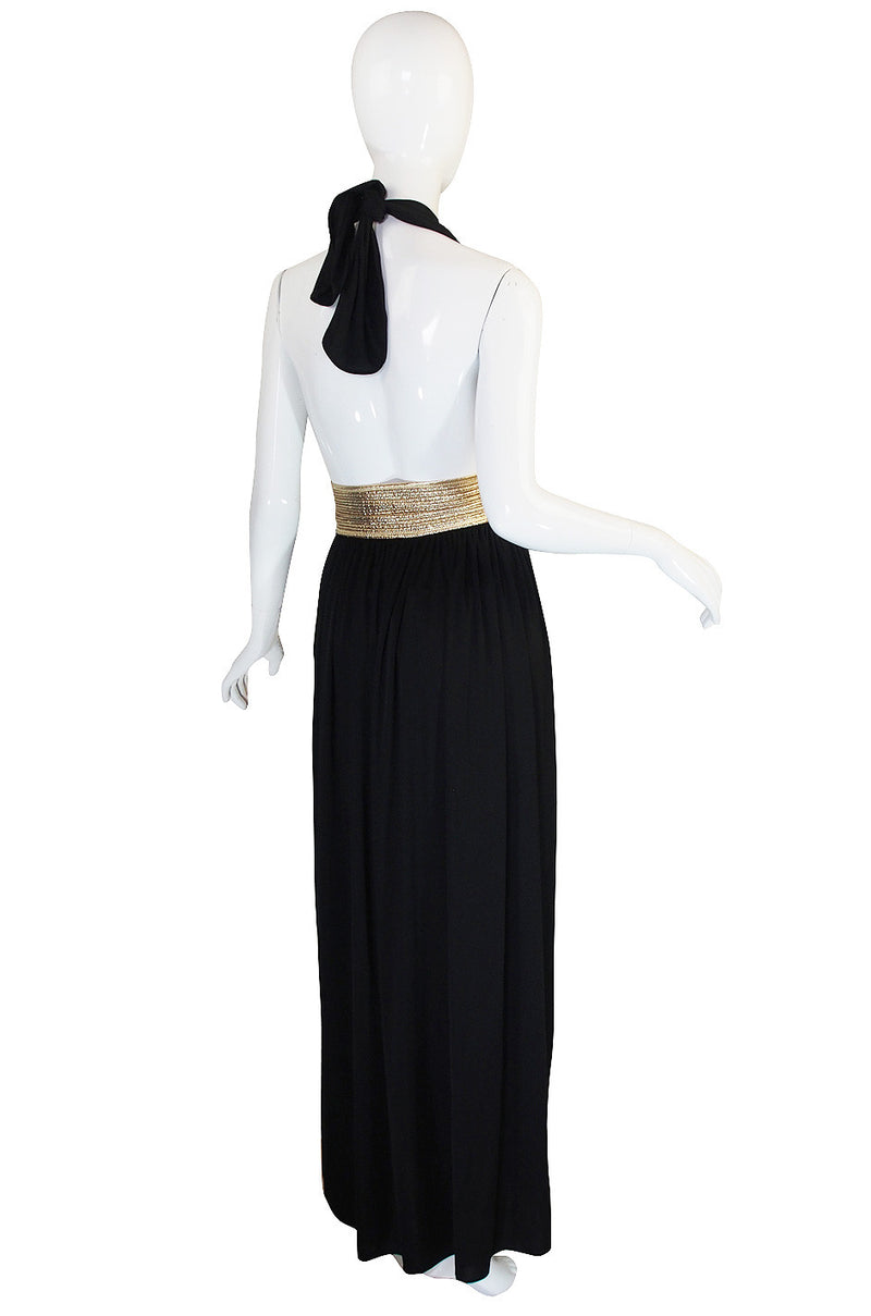 1980 Bill Tice Plunge Black & Gold Backless Dress