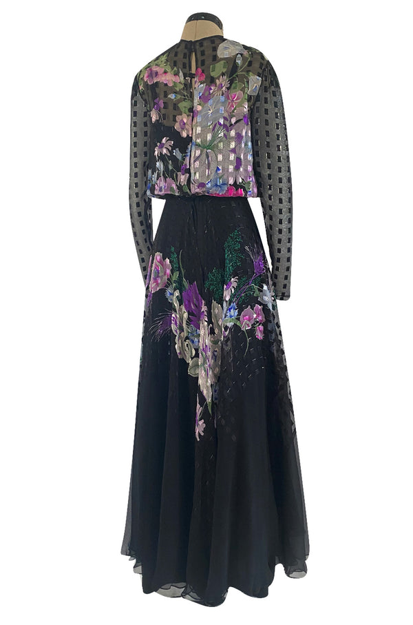 Beautiful 1970s Ted Lapidus Ribbon Weave Silk Chiffon Dress w Prettiest Floral Print
