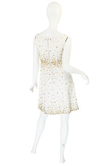 1960s Gold Studded White Cotton Waffle Weave Pique Dress