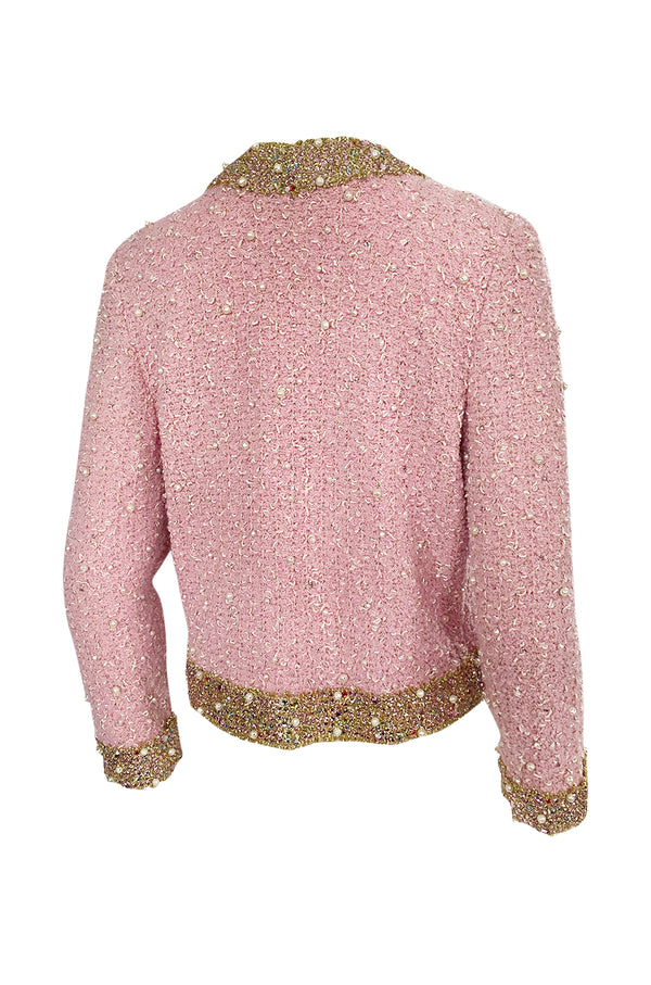 Stunning 1970s Adolfo Pale Pink Beaded Pearl, Rhinestone & Gold Jacket
