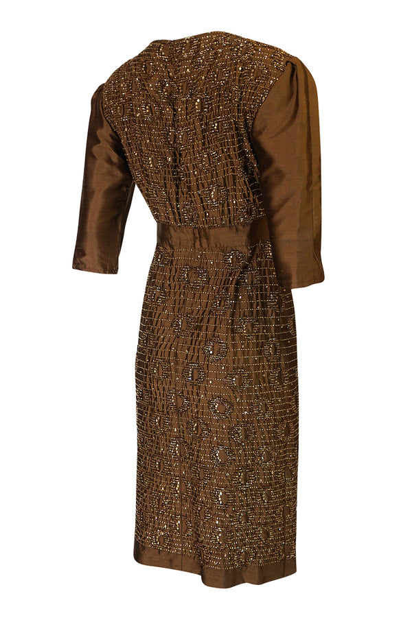 1960s Unlabeled Demi Couture Bead & Sequin Copper Silk Dress