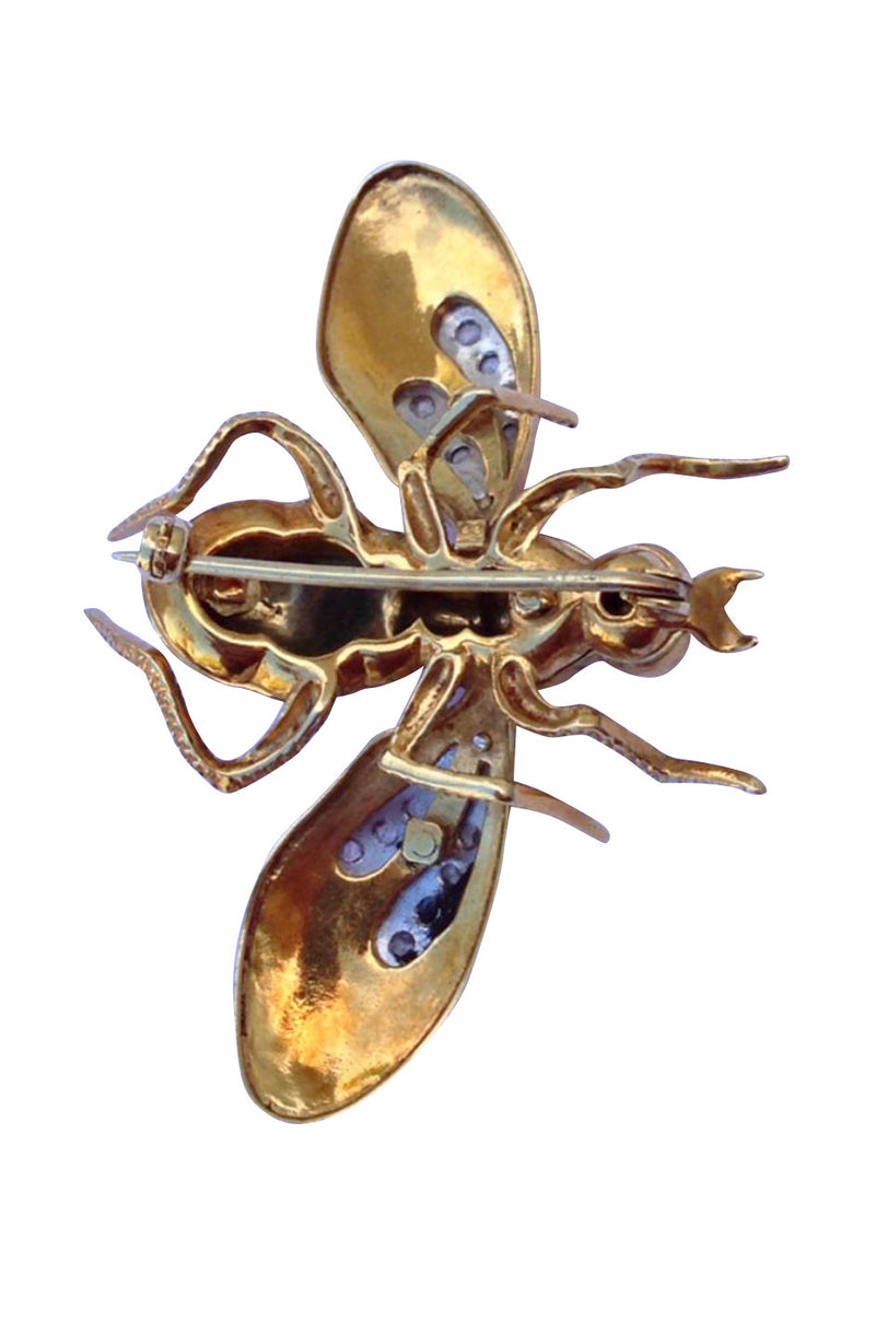1950s Gold Platinum Diamond Guilloche Enamel Wasp