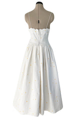 Prettiest 1960s Nina Ricci White Cotton Waffle Weave Pique Dress w Embroidered Daisies