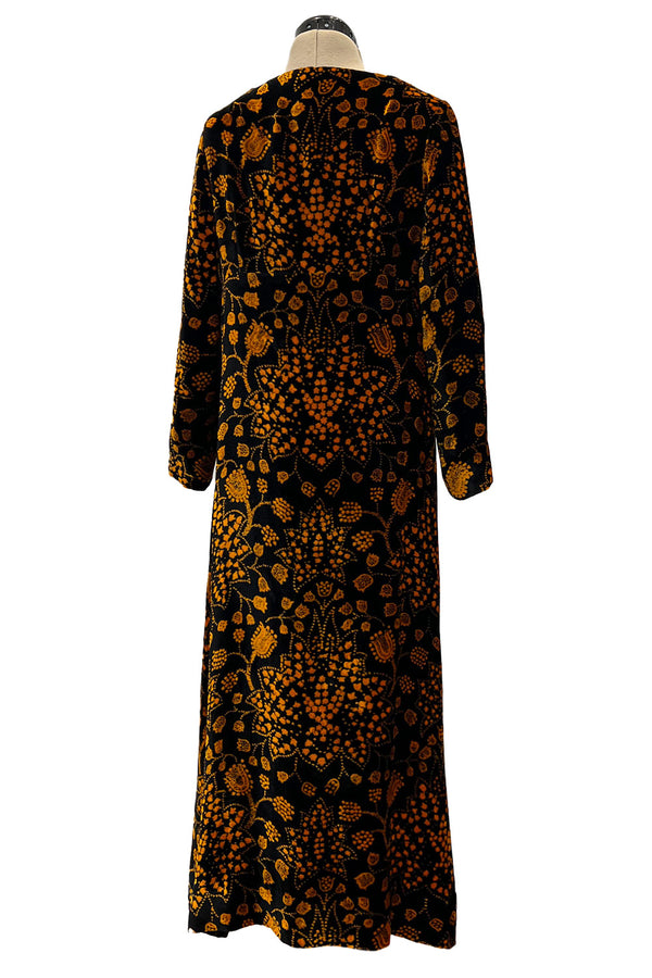 Amazing 1975 Thea Porter Printed Burnt Gold & Black Silk Velvet Caftan Dress