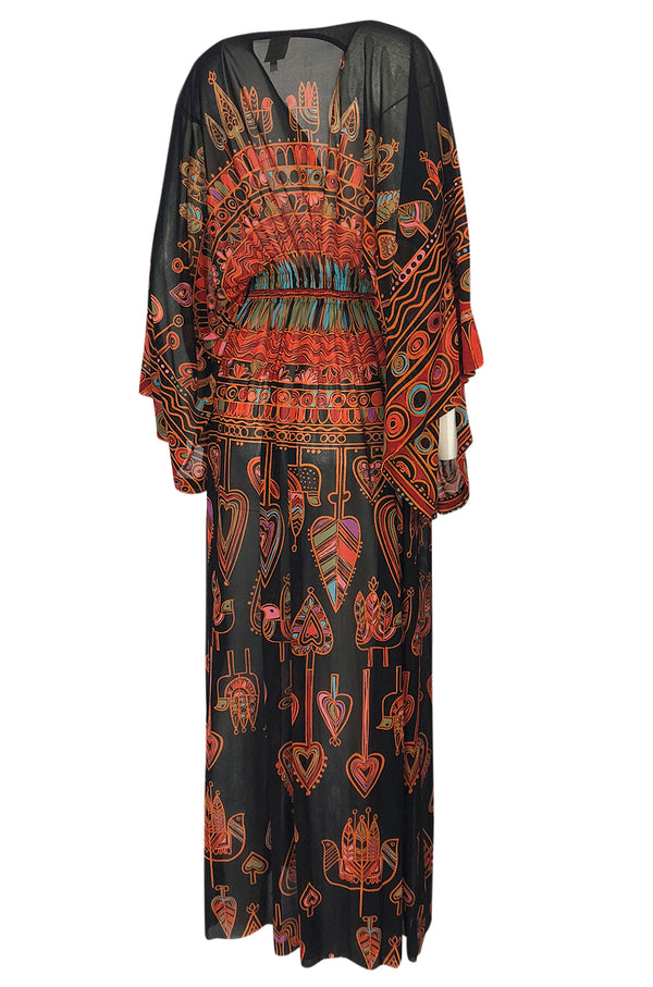 Incredible 1970s Gottex Plunging Light Print Nylon Caftan Dress