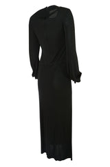 1970s John Anthony Demi-Couture Black Silk Jersey Dress w Hand Beaded Birds
