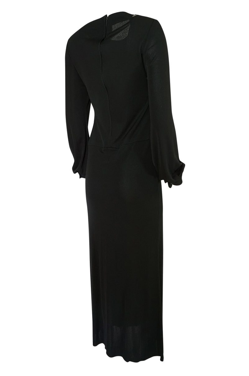1970s John Anthony Demi-Couture Black Silk Jersey Dress w Hand Beaded Birds