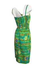 1950s Mildreds of Hawaii Green & Blue Print Cotton Summer Dress