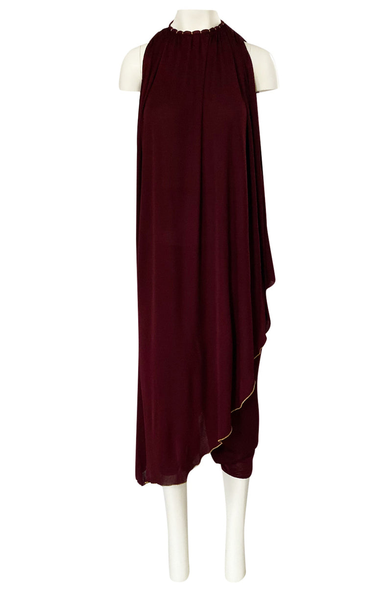 1970s Holly's Harp Deep Burgundy & Gold Silk Jersey Dress w Harem Pant Set