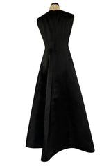 Minimalist 1960s Pauline Trigere Black Silk Satin Dress w Squared Off Neckline